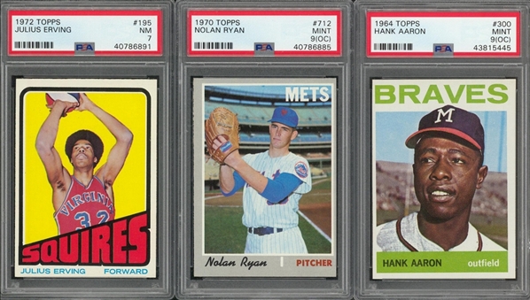 1964-1980s Topps and Fleer Multi-Sports PSA-Graded Collection (9) Including Jordan, Erving, Maravich, Aaron and Ryan
